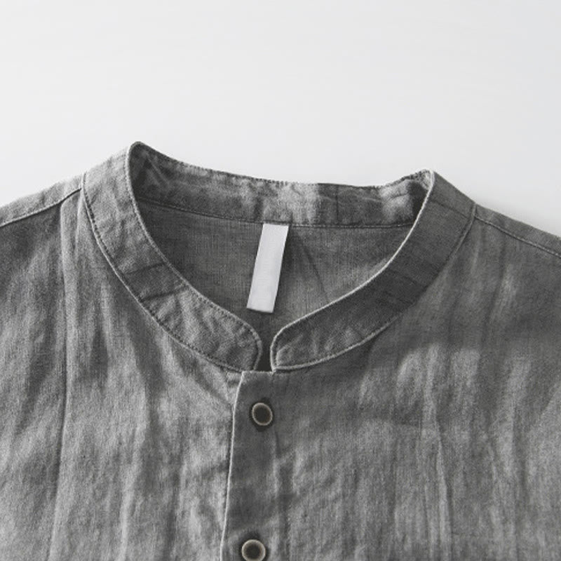 Buddha Stones Simple Buttons Design Men's Short Sleeve Cotton Linen Shirt With Pocket - image 2