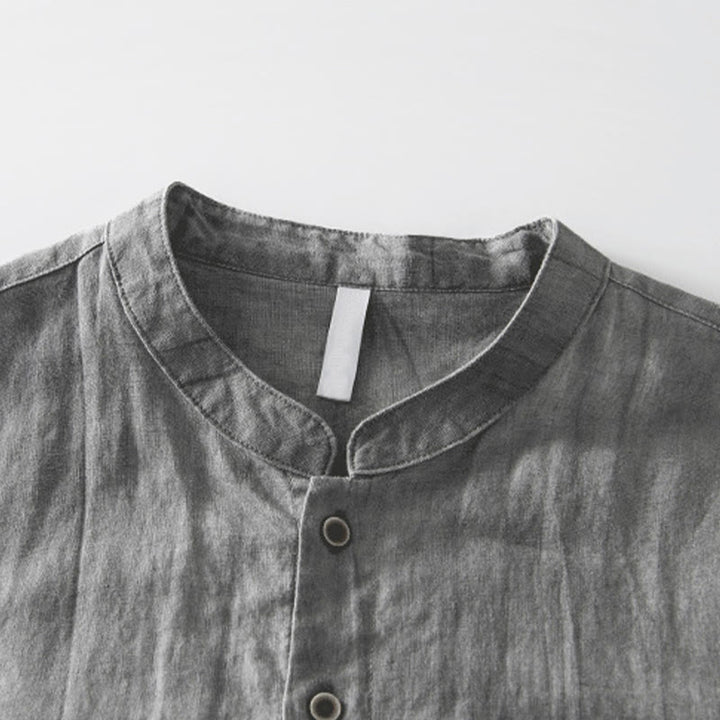Buddha Stones Simple Buttons Design Men's Short Sleeve Cotton Linen Shirt With Pocket - image 2