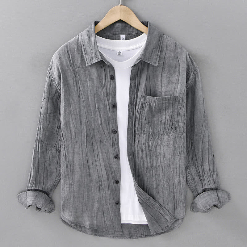 Buddha Stones Retro Pleats Buttons Men's Long Sleeve Ramie Linen Long Sleeve Shirt With Pockets - LightSlateGray - US/UK/AU42，EU52 (3XL) - image 0