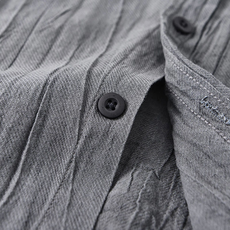 Buddha Stones Retro Pleats Buttons Men's Long Sleeve Ramie Linen Long Sleeve Shirt With Pockets - image 2