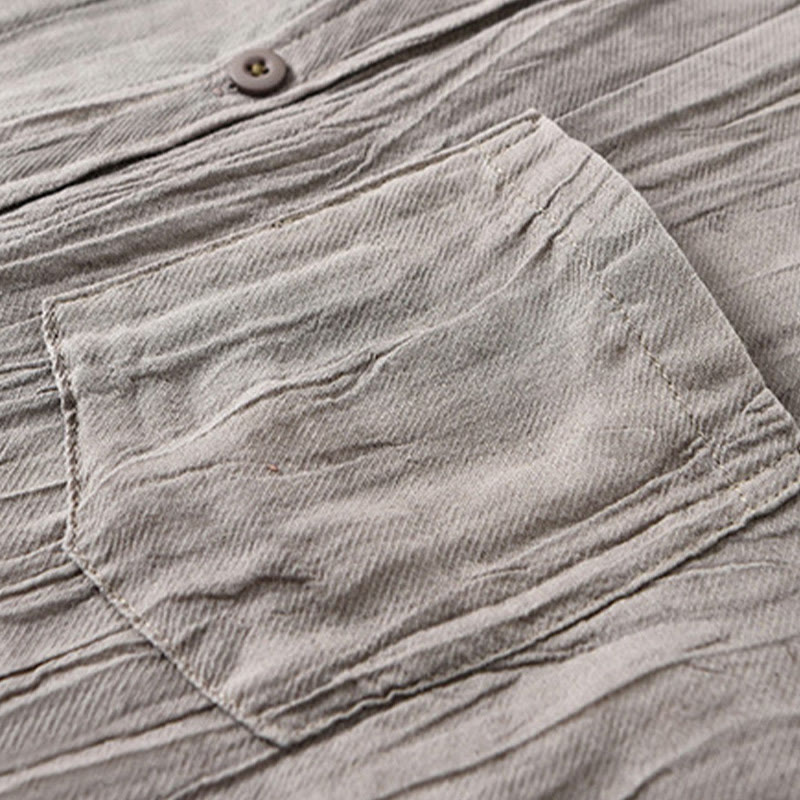Buddha Stones Retro Pleats Buttons Men's Long Sleeve Ramie Linen Long Sleeve Shirt With Pockets - image 11