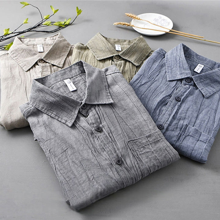 Buddha Stones Retro Pleats Buttons Men's Long Sleeve Ramie Linen Long Sleeve Shirt With Pockets - image 21