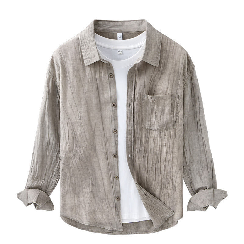 Buddha Stones Retro Pleats Buttons Men's Long Sleeve Ramie Linen Long Sleeve Shirt With Pockets - image 15