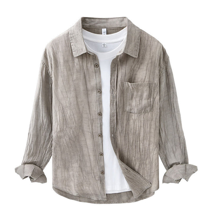 Buddha Stones Retro Pleats Buttons Men's Long Sleeve Ramie Linen Long Sleeve Shirt With Pockets - image 15