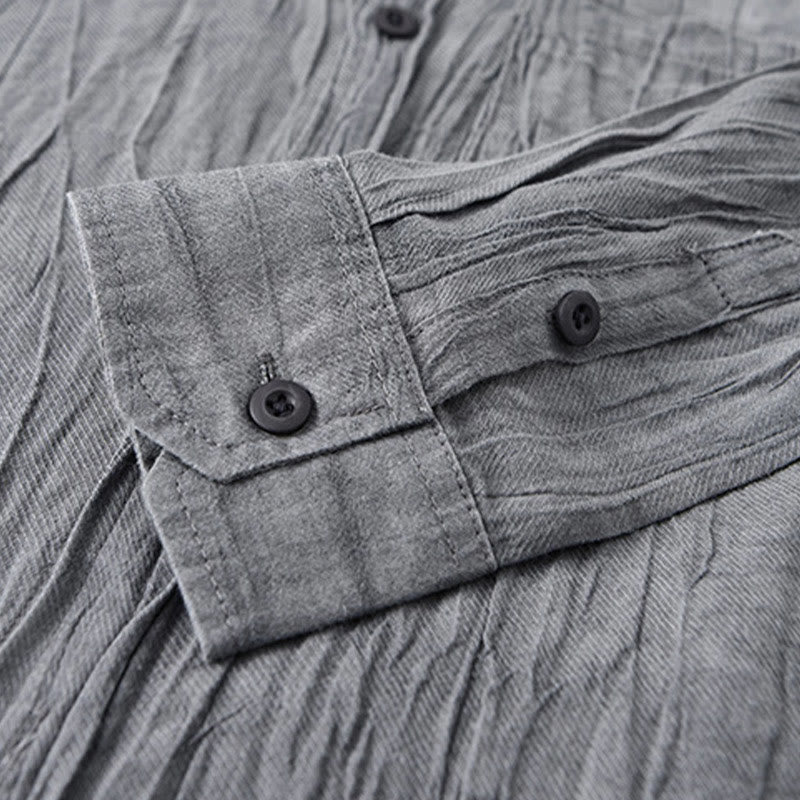 Buddha Stones Retro Pleats Buttons Men's Long Sleeve Ramie Linen Long Sleeve Shirt With Pockets - image 3