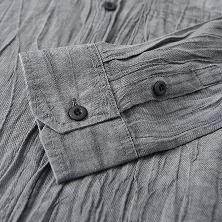 Buddha Stones Retro Pleats Buttons Men's Long Sleeve Ramie Linen Long Sleeve Shirt With Pockets - image 3