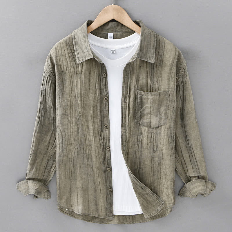 Buddha Stones Retro Pleats Buttons Men's Long Sleeve Ramie Linen Long Sleeve Shirt With Pockets - YellowGreen - US/UK/AU42，EU52 (3XL) - image 4