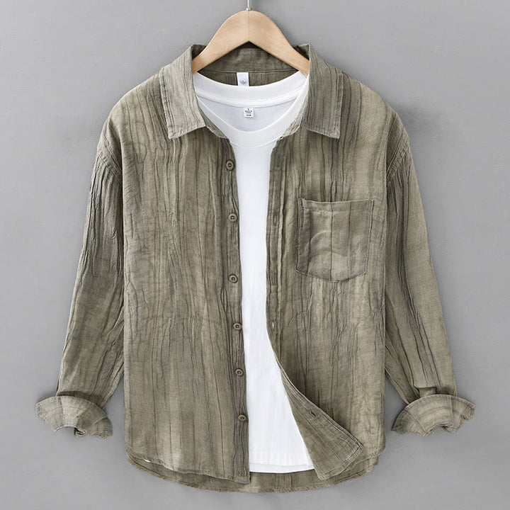 Buddha Stones Retro Pleats Buttons Men's Long Sleeve Ramie Linen Long Sleeve Shirt With Pockets - YellowGreen - US/UK/AU42，EU52 (3XL) - image 4