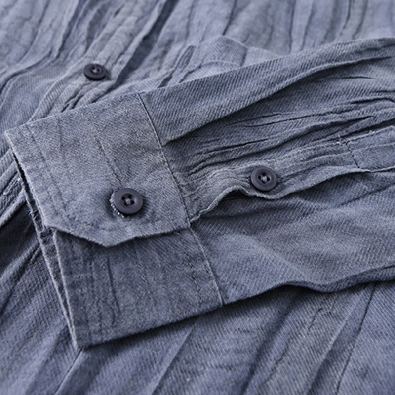 Buddha Stones Retro Pleats Buttons Men's Long Sleeve Ramie Linen Long Sleeve Shirt With Pockets - image 19