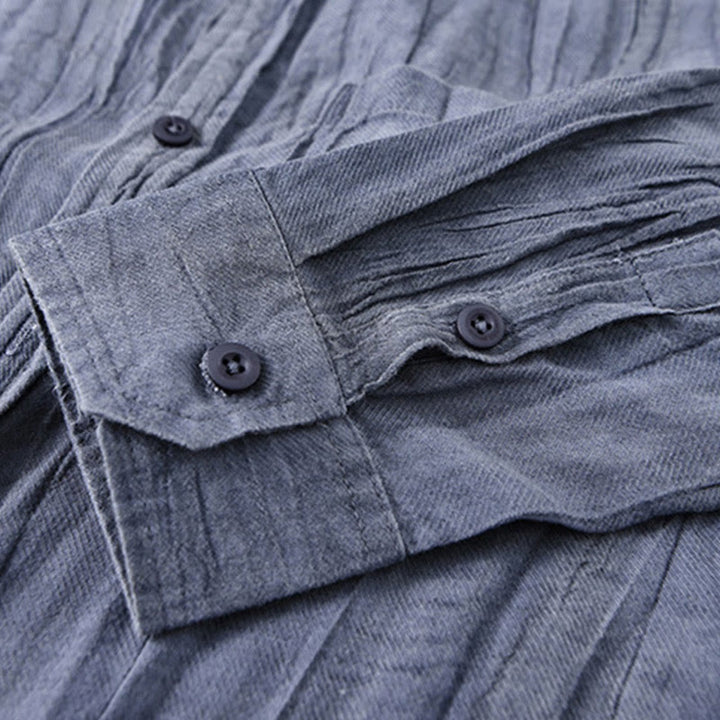 Buddha Stones Retro Pleats Buttons Men's Long Sleeve Ramie Linen Long Sleeve Shirt With Pockets - image 19