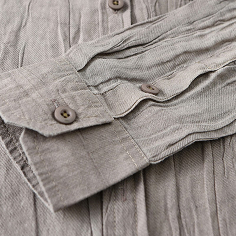 Buddha Stones Retro Pleats Buttons Men's Long Sleeve Ramie Linen Long Sleeve Shirt With Pockets - image 14