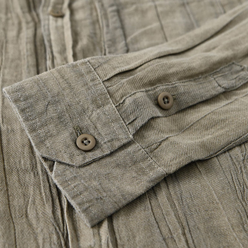 Buddha Stones Retro Pleats Buttons Men's Long Sleeve Ramie Linen Long Sleeve Shirt With Pockets - image 6