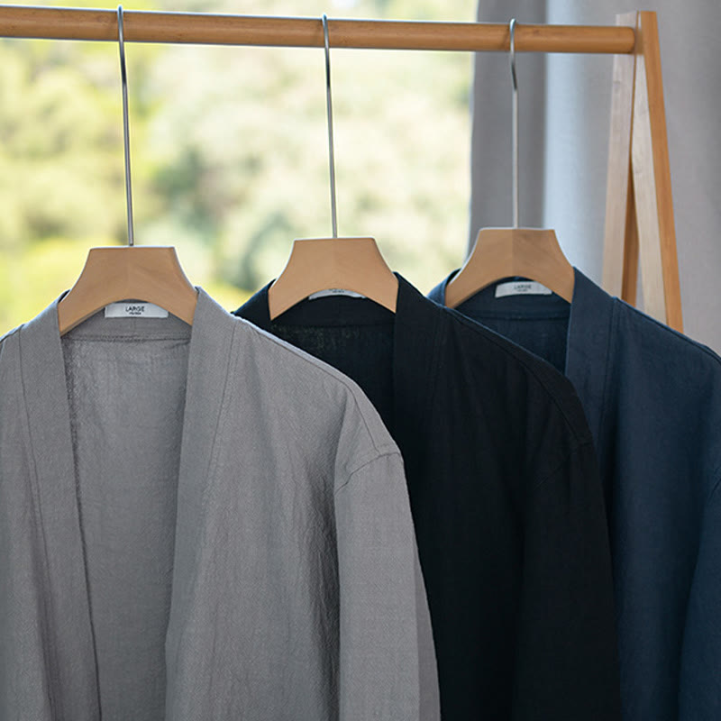 Buddha Stones Pure Color Stand Collar Men's Long Sleeve Cotton Linen Shirt - image 26