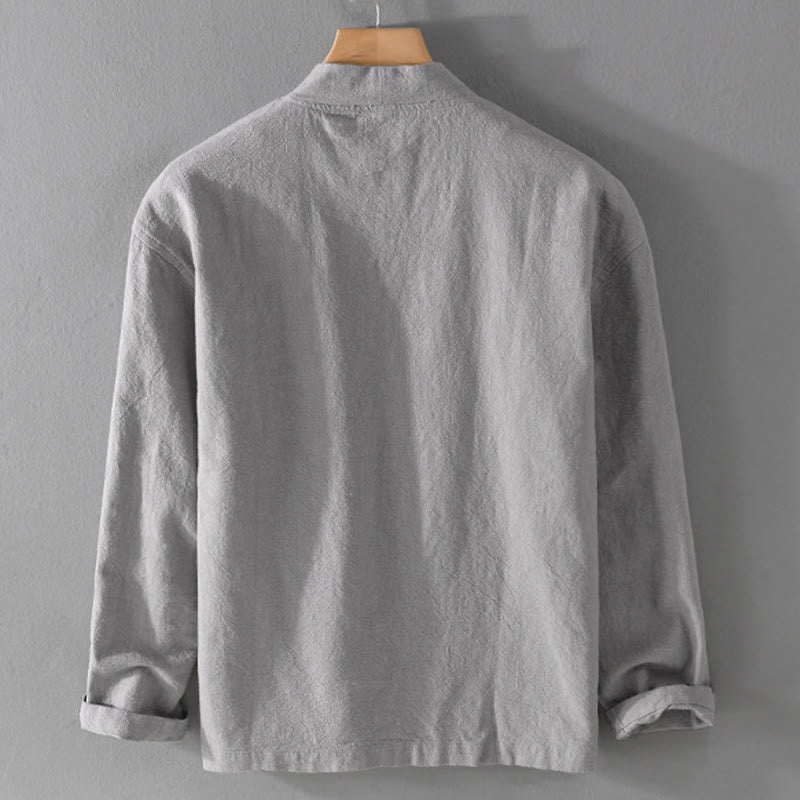 Buddha Stones Pure Color Stand Collar Men's Long Sleeve Cotton Linen Shirt - image 8