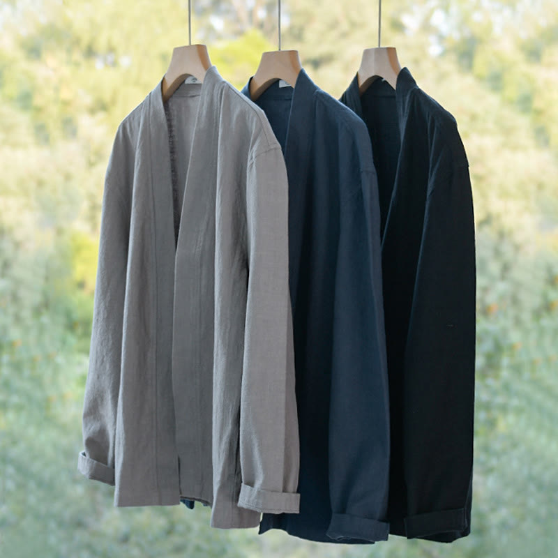 Buddha Stones Pure Color Stand Collar Men's Long Sleeve Cotton Linen Shirt - image 25