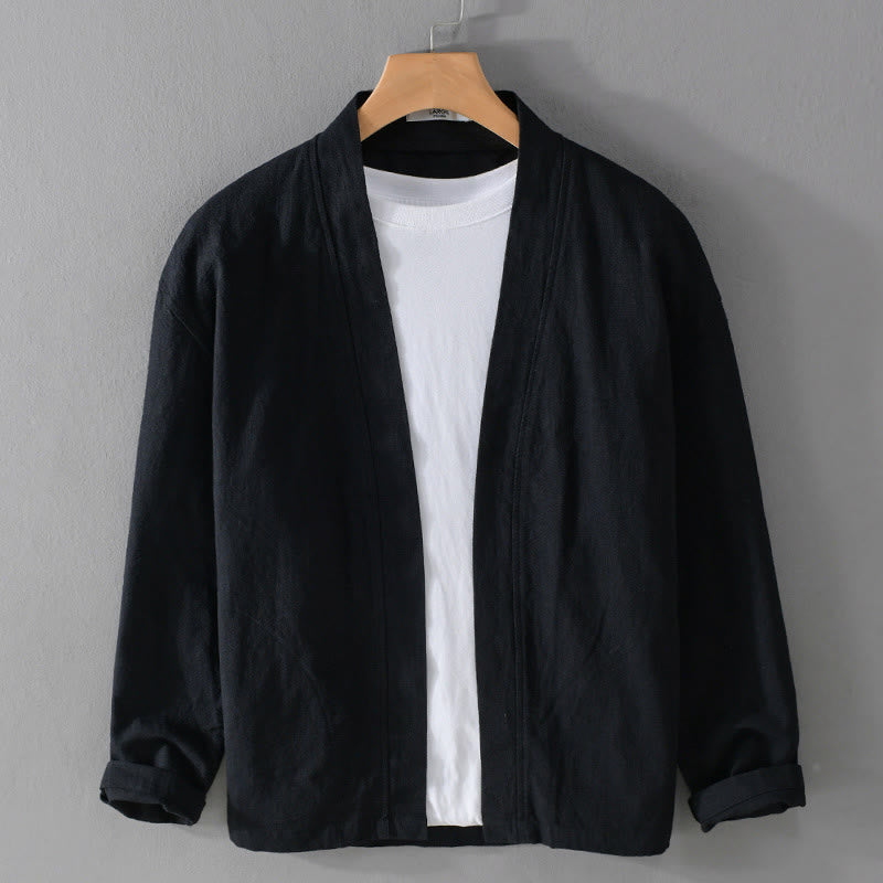 Buddha Stones Pure Color Stand Collar Men's Long Sleeve Cotton Linen Shirt - Black - US/UK/AU42，EU52 (3XL) - image 18