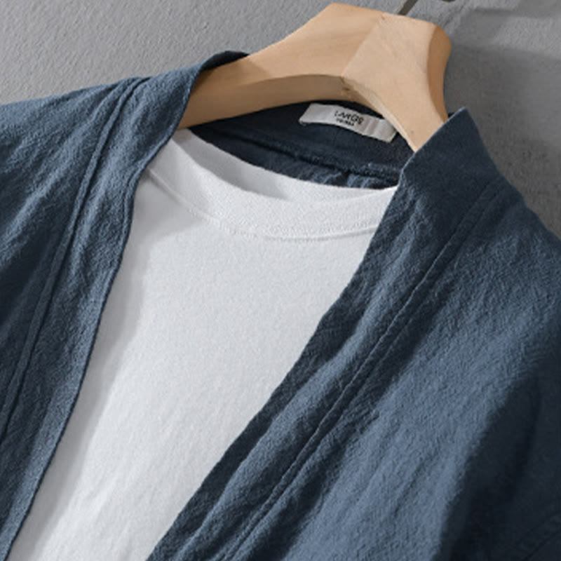 Buddha Stones Pure Color Stand Collar Men's Long Sleeve Cotton Linen Shirt - image 2