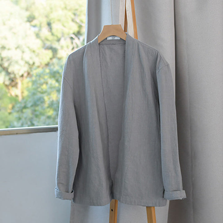 Buddha Stones Pure Color Stand Collar Men's Long Sleeve Cotton Linen Shirt - image 9