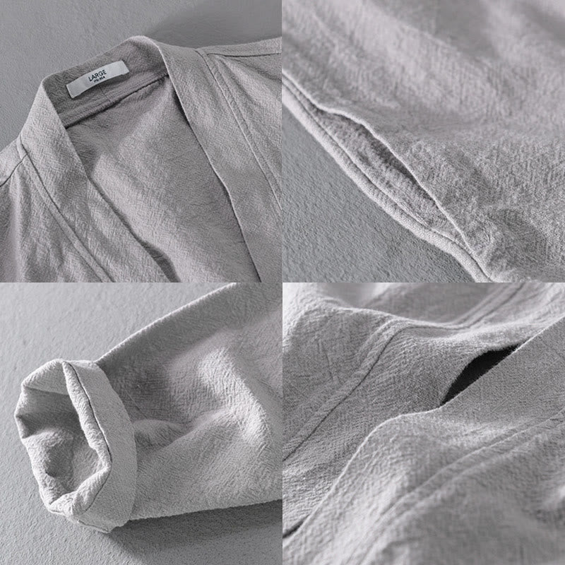 Buddha Stones Pure Color Stand Collar Men's Long Sleeve Cotton Linen Shirt - image 16