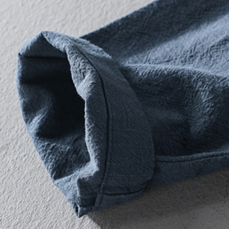 Buddha Stones Pure Color Stand Collar Men's Long Sleeve Cotton Linen Shirt - image 5