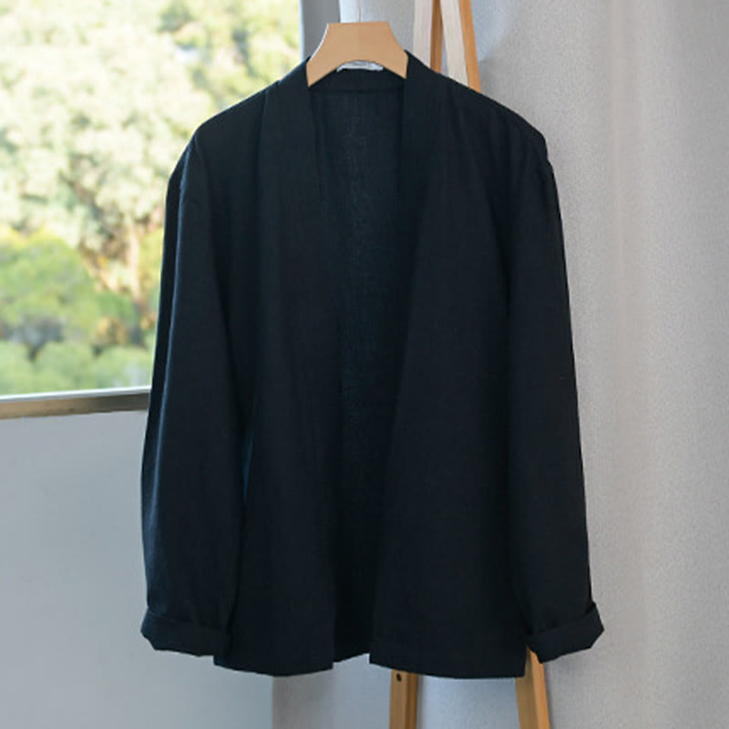 Buddha Stones Pure Color Stand Collar Men's Long Sleeve Cotton Linen Shirt - image 19