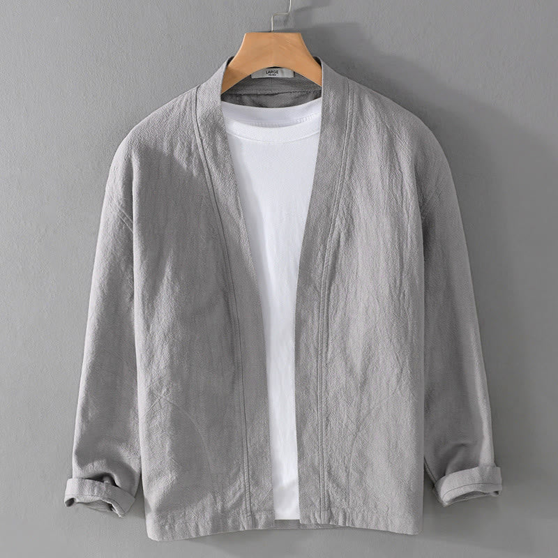Buddha Stones Pure Color Stand Collar Men's Long Sleeve Cotton Linen Shirt - Silver - US/UK/AU42，EU52 (3XL) - image 7