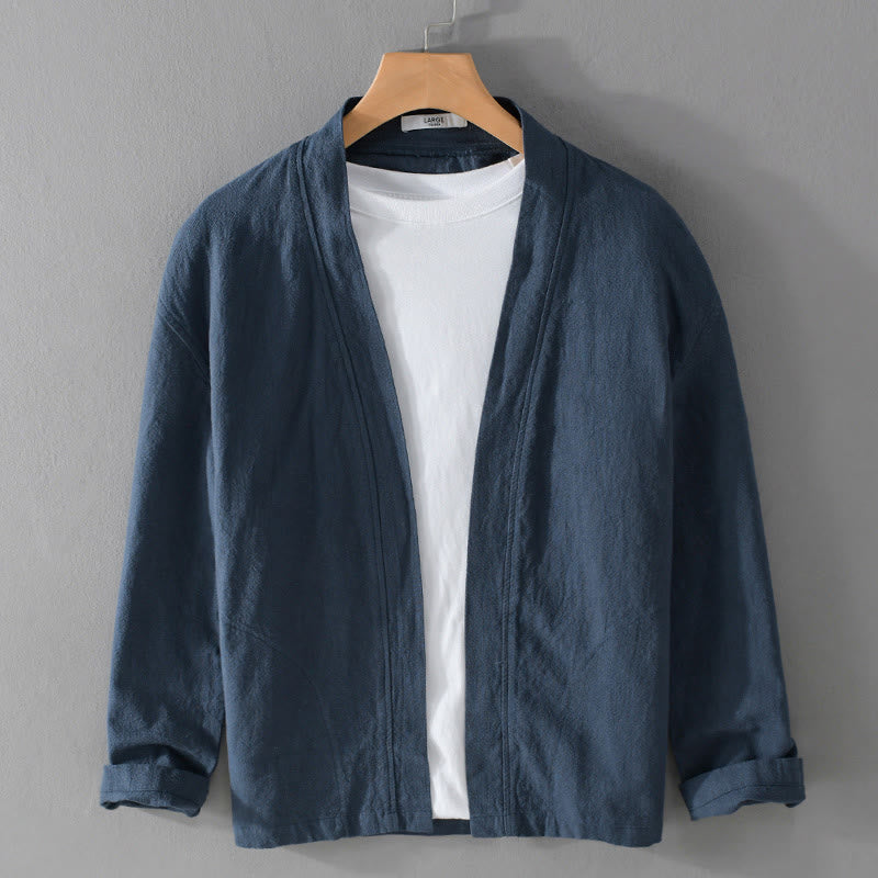 Buddha Stones Pure Color Stand Collar Men's Long Sleeve Cotton Linen Shirt - DarkBlue - US/UK/AU42，EU52 (3XL) - image 0