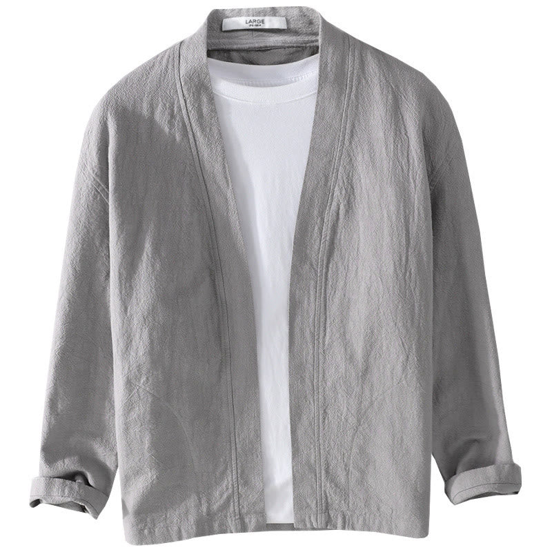 Buddha Stones Pure Color Stand Collar Men's Long Sleeve Cotton Linen Shirt - image 17