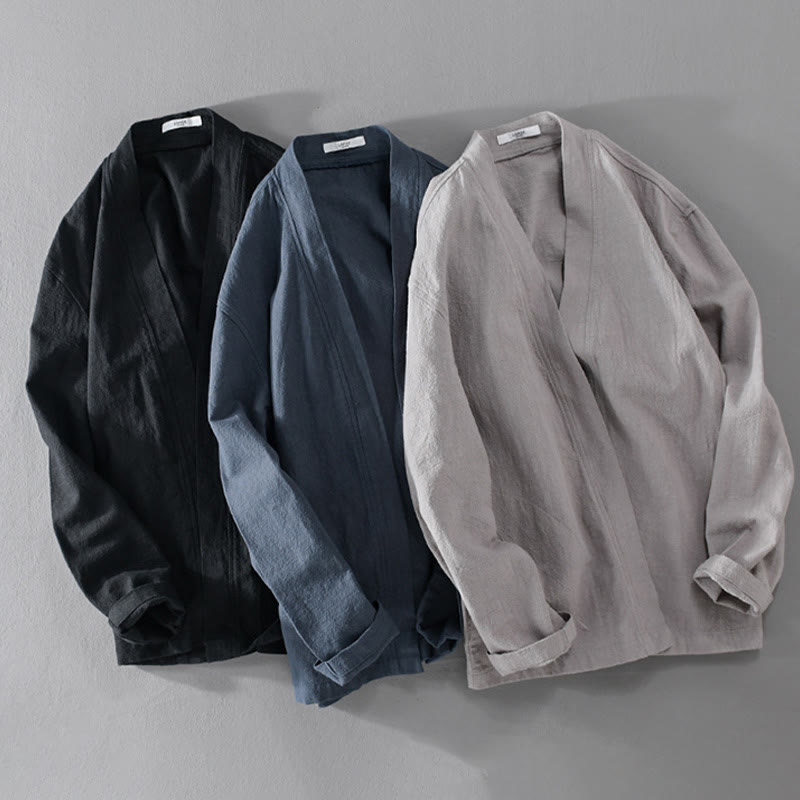 Buddha Stones Pure Color Stand Collar Men's Long Sleeve Cotton Linen Shirt - image 27