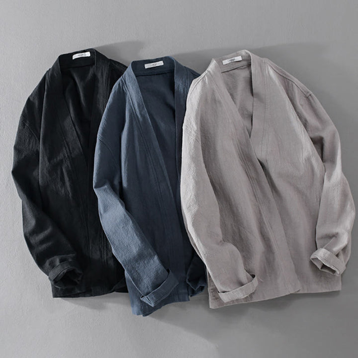 Buddha Stones Pure Color Stand Collar Men's Long Sleeve Cotton Linen Shirt - image 27