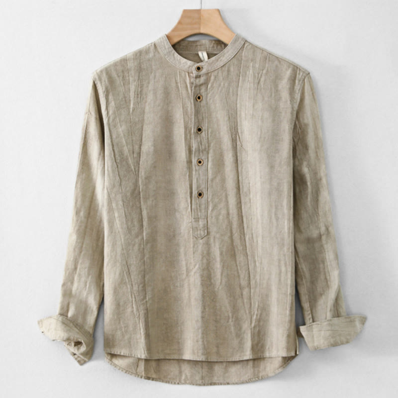 Buddha Stones Plain Pleats Half Buttons Design Stand Collar Men's Long Sleeve Cotton Linen Shirt - DarkKhaki - US/UK/AU44，EU54 (4XL) - image 0