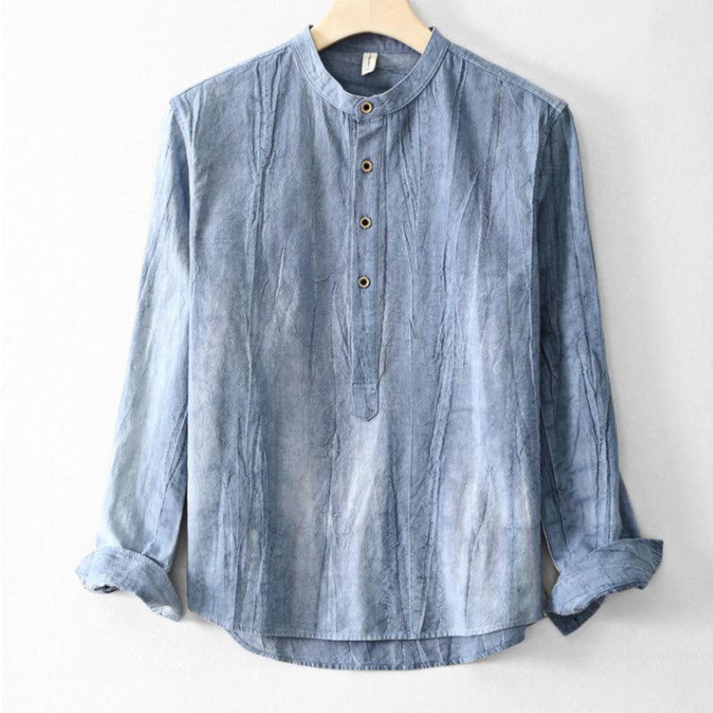 Buddha Stones Plain Pleats Half Buttons Design Stand Collar Men's Long Sleeve Cotton Linen Shirt - CornflowerBlue - US/UK/AU44，EU54 (4XL) - image 9