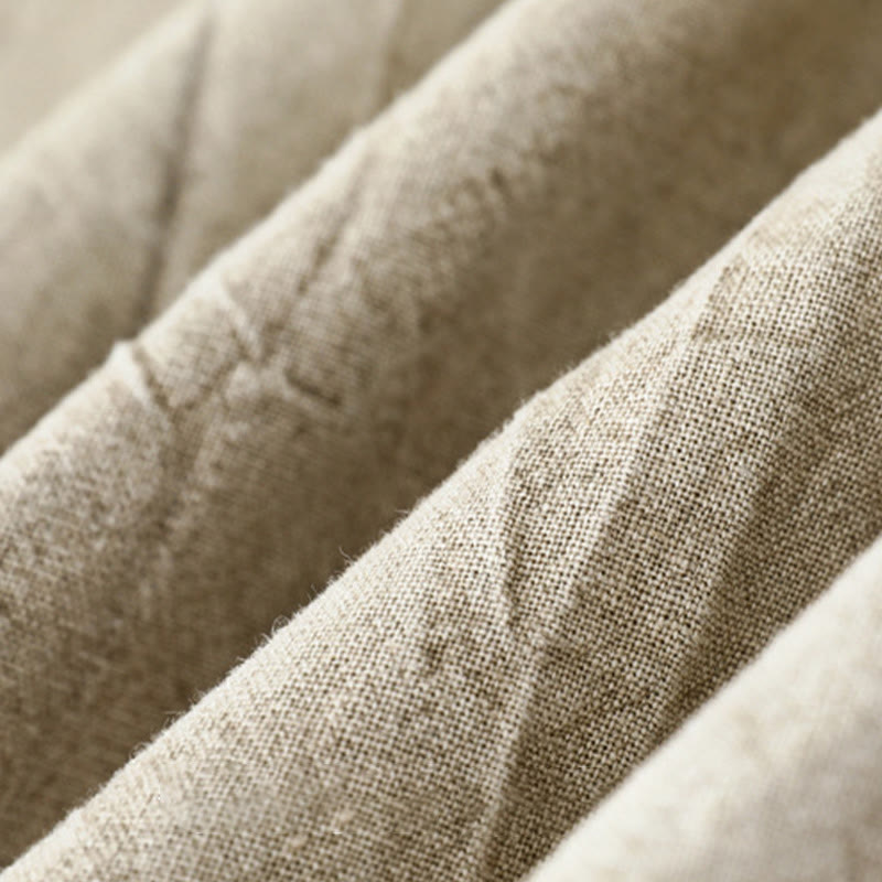 Buddha Stones Plain Pleats Half Buttons Design Stand Collar Men's Long Sleeve Cotton Linen Shirt - image 3