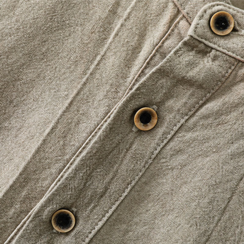 Buddha Stones Plain Pleats Half Buttons Design Stand Collar Men's Long Sleeve Cotton Linen Shirt - image 2