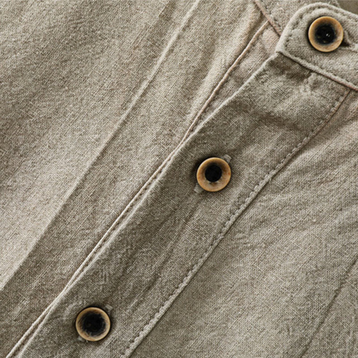 Buddha Stones Plain Pleats Half Buttons Design Stand Collar Men's Long Sleeve Cotton Linen Shirt - image 2