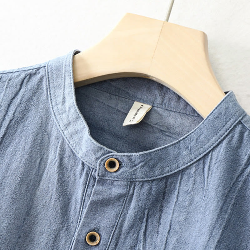 Buddha Stones Plain Pleats Half Buttons Design Stand Collar Men's Long Sleeve Cotton Linen Shirt - image 10
