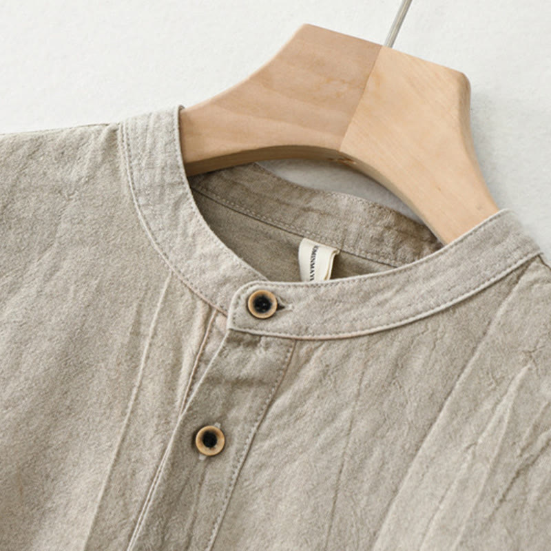 Buddha Stones Plain Pleats Half Buttons Design Stand Collar Men's Long Sleeve Cotton Linen Shirt - image 1