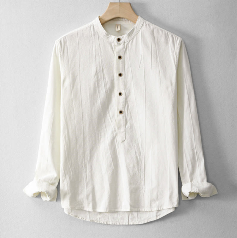 Buddha Stones Plain Pleats Half Buttons Design Stand Collar Men's Long Sleeve Cotton Linen Shirt - FloralWhite - US/UK/AU44，EU54 (4XL) - image 5