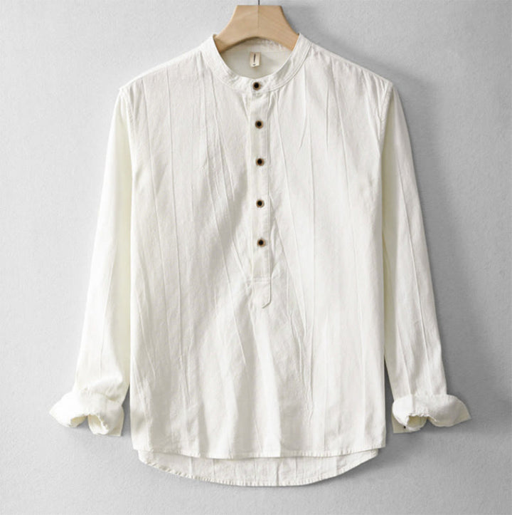 Buddha Stones Plain Pleats Half Buttons Design Stand Collar Men's Long Sleeve Cotton Linen Shirt - FloralWhite - US/UK/AU44，EU54 (4XL) - image 5