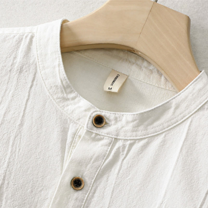 Buddha Stones Plain Pleats Half Buttons Design Stand Collar Men's Long Sleeve Cotton Linen Shirt - image 6