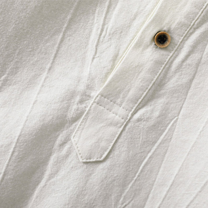 Buddha Stones Plain Pleats Half Buttons Design Stand Collar Men's Long Sleeve Cotton Linen Shirt - image 7