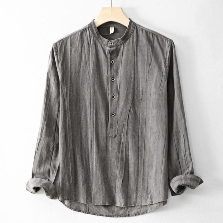 Buddha Stones Plain Pleats Half Buttons Design Stand Collar Men's Long Sleeve Cotton Linen Shirt - LightSlateGray - US/UK/AU44，EU54 (4XL) - image 12