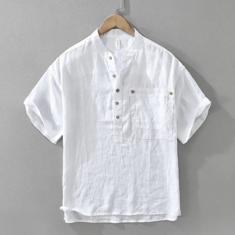Buddha Stones Summer Half Buttons Design Lapel Men's Short Sleeve Linen Shirt With Pocket - White - US/UK/AU42，EU52 (3XL) - image 1
