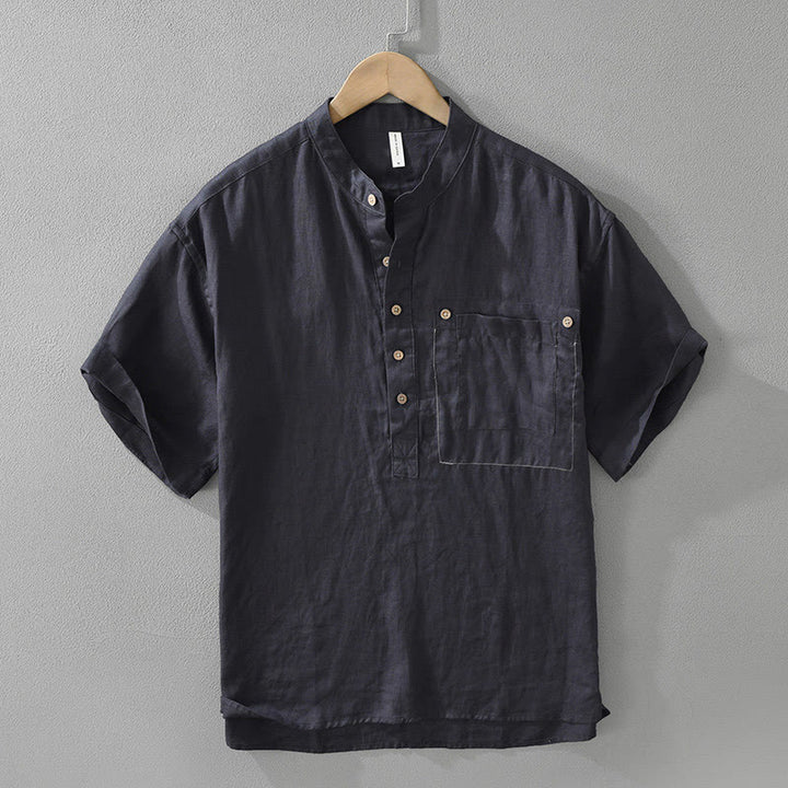 Buddha Stones Summer Half Buttons Design Lapel Men's Short Sleeve Linen Shirt With Pocket - MidnightBlue - US/UK/AU42，EU52 (3XL) - image 2