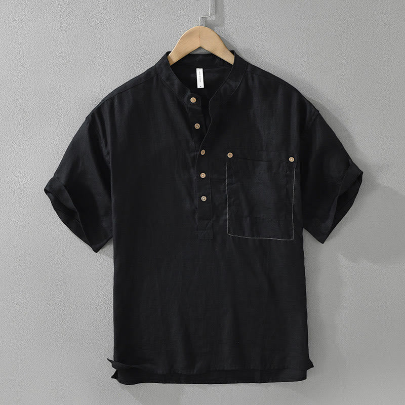 Buddha Stones Summer Half Buttons Design Lapel Men's Short Sleeve Linen Shirt With Pocket - Black - US/UK/AU42，EU52 (3XL) - image 0