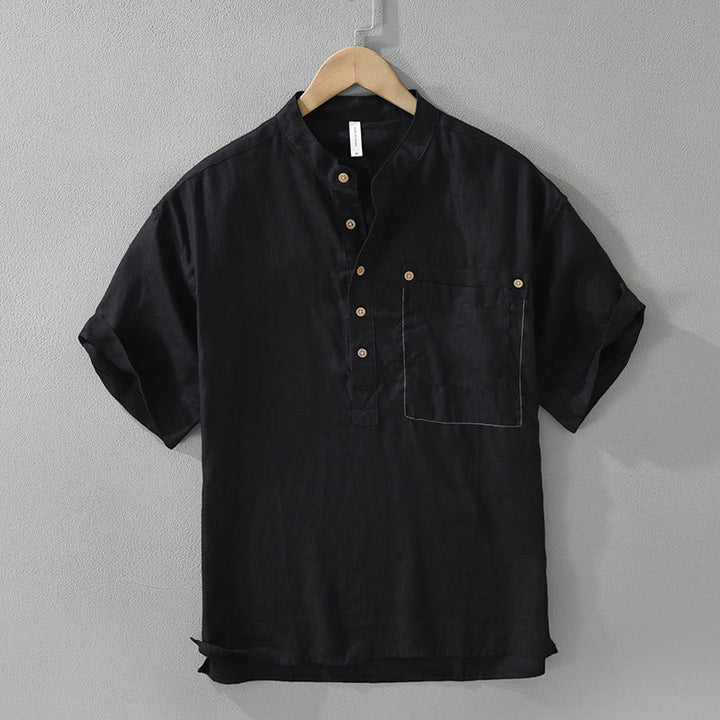 Buddha Stones Summer Half Buttons Design Lapel Men's Short Sleeve Linen Shirt With Pocket - Black - US/UK/AU42，EU52 (3XL) - image 0