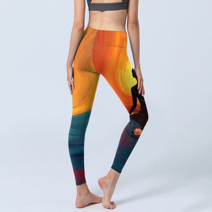 Buddha Stones Meditating Figure Lotus Flower Print Gym Leggings Women's Yoga Pants - image 4