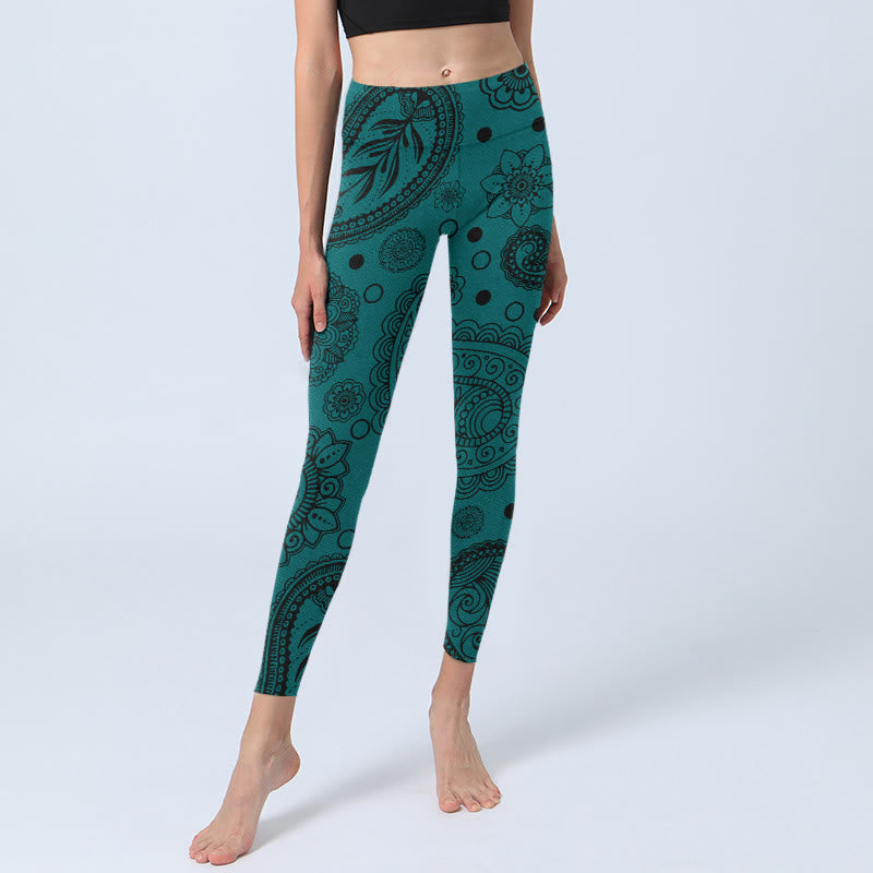 Buddha Stones Deep Green Cashew Flower Petals Print Gym Leggings Women's Yoga Pants - image 5