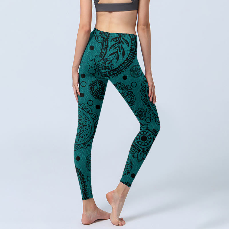 Buddha Stones Deep Green Cashew Flower Petals Print Gym Leggings Women's Yoga Pants - image 4
