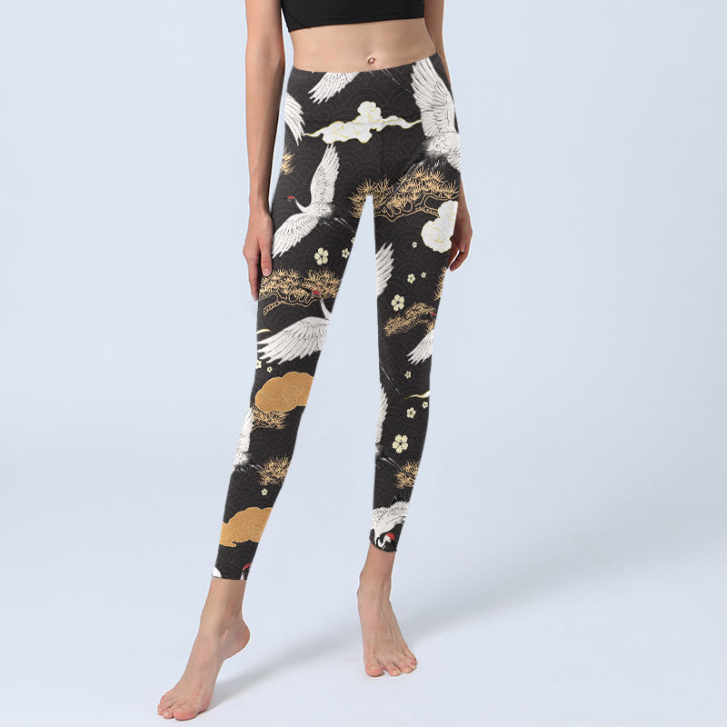 Buddha Stones White Red-crowned Cranes Golden Pine Trees Print Gym Leggings Women's Yoga Pants - image 5